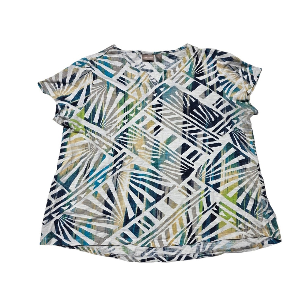 Chico's Geometric Print Slub Knit Top Womens XL Blue Green Cotton V-Neck